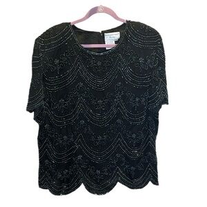 Papell Boutique black vintage, fully beaded 100% silk formal top Plus size 3X
